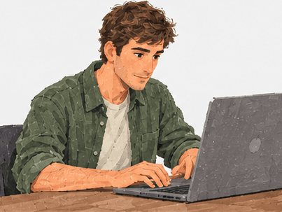 Tomás usando su laptop